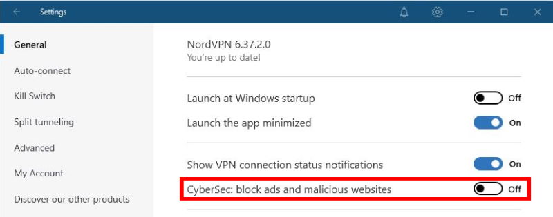 Блокировщик вредоносных программ NordVPN CyberSec