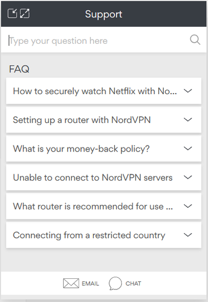 окно опций поддержки nordvpn